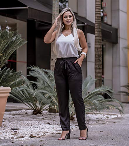 Calça Feminina Jogger Social Festa Cintura Alta Com Cordão (M/40, Preto)