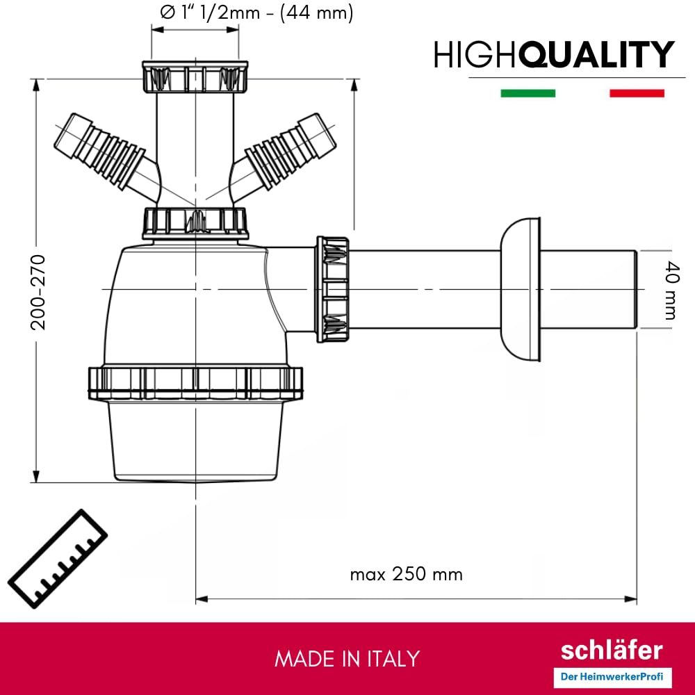 Schläfer 4395320 | Siphon universel pour éviers 1"1/2 avec 2 prise machine à laver -vaisselle, diamètre de sortie. 40 mm - réglable en hauteur, gain de place, blanc