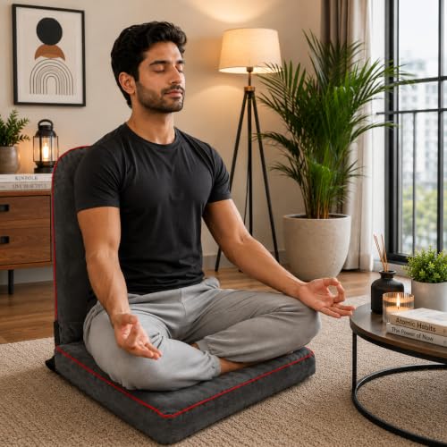 Image of Kawachi Floor Chair with Laptop Table, Foldable Back Support & Portable Study Table Combo, Reading, Work from Home, Meditation & Relaxation Chair (KC32-Dark Grey)