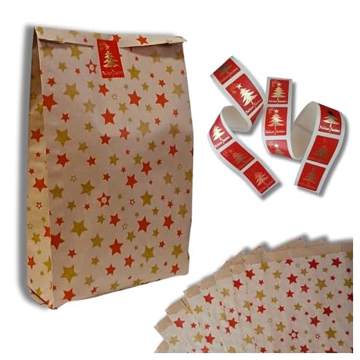 12 Sobres Papel Regalo Infantil 35x20x6 cm+16 etiquetas navidad|Sobres Kraft para Navidad|Papel Navideño,Decoración del Árbol y Hogar|Kit de Envolver regalos Reyes Magos y Christmas Wrap (Estrellas)
