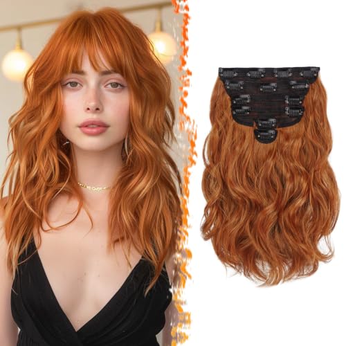 BARSDAR Short Wavy Ginger Copper Clip in Hair Extension Synthetic Hairpiece