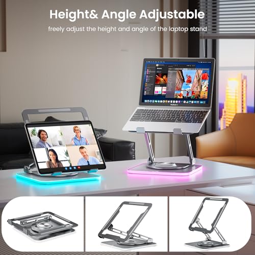 Image of JOYEKY Adjustable Laptop Stand with RGB Lighting,Aluminum Ergonomic Computer Stand with 360 Rotating Base,Foldable & Portable Laptop Riser, Suitable for All 10-16 inch Laptops (Grey)