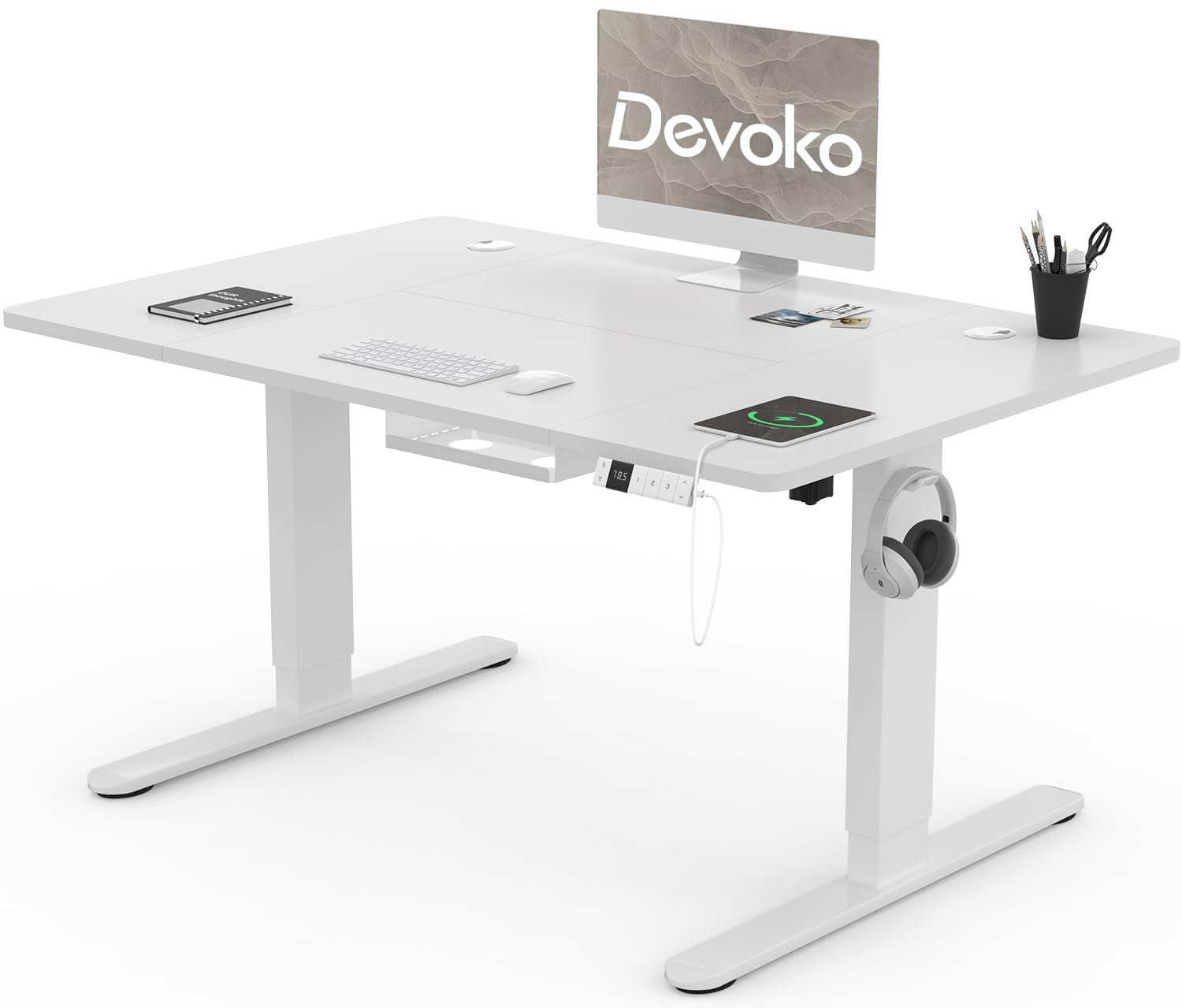 Devoko Höhenverstellbarer Schreibtisch 120x80cm mit Typ-C Ladeanschluss, Schreibtisch Höhenverstellbar Elektrisch, Mobiler Elektrisch Computertisch mit Kabel Management Tray, Weiß