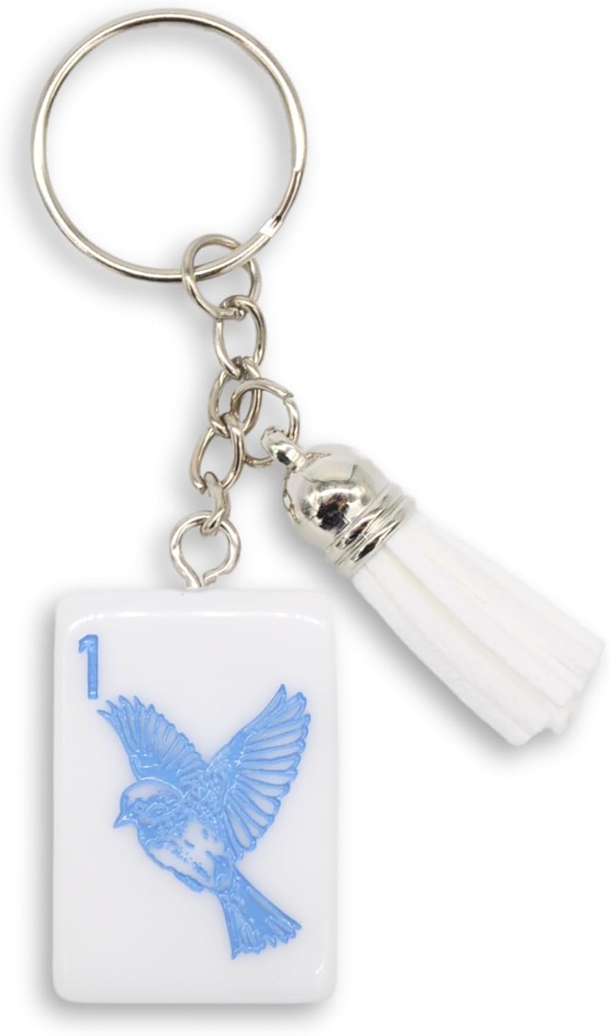 Mahjong Tile Keychain, Blue One Bam Bird Cheers Sparrow Design with White Tassel, 1.5 x 1 inches, Mahjong Accessories, Gifts, and Prizes