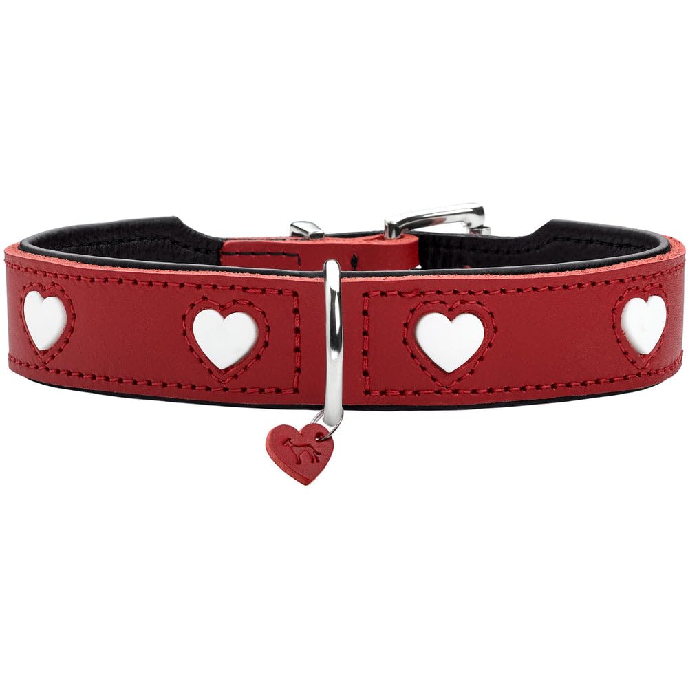 Hunter Hundehalsband Love, Farbe: rot/schwarz, weiches, Robustes Rindsleder, einzeln eingenähte Herzen, handgefertigt, hoher, besonders anschmiegsam, Made in Germany, Größe 42