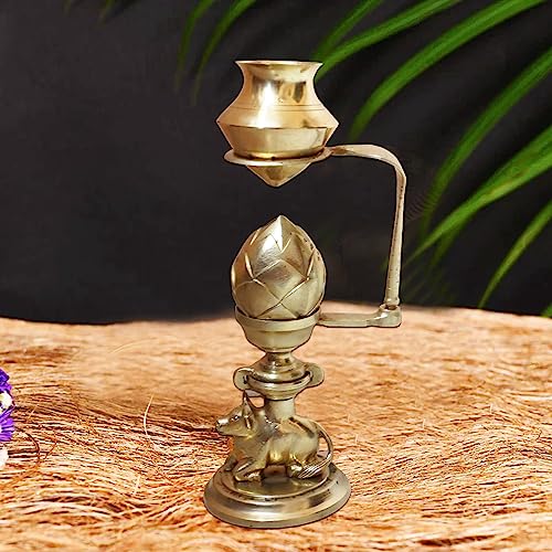 Image of Shivling Abhishek Patra Tripai Stand 12 CM With Brass Jalabhishek Lota Kalash With Pooja Plate Best Set for Small Size Shivling Jalabhishek - Yellow