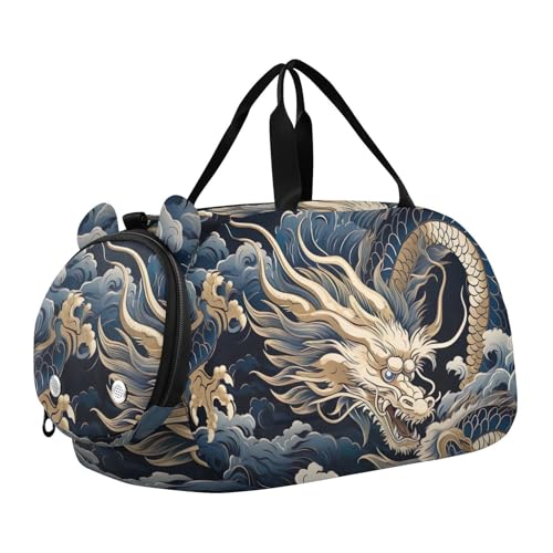 Gold Dragon Pattern Duffle Bag for Girl, Sports Duffle Gym Bags with Shoe Compartment, Personalized Overnight Bag Travel Weekender for Kids