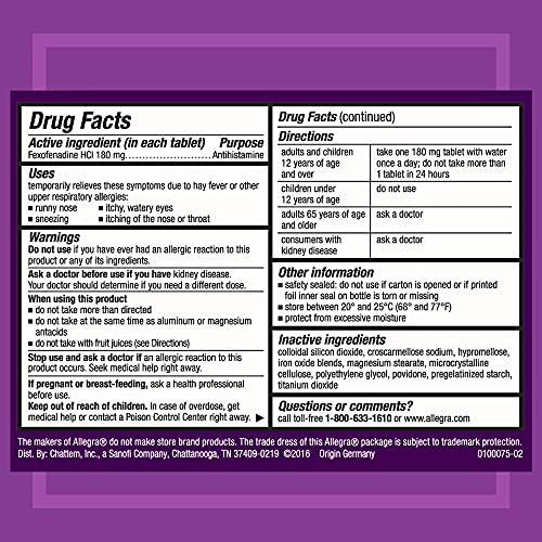 Allegra Adult 24Hr Non-Drowsy Antihistamine, 15 Tablets, Fast-Acting Allergy Symptom Relief, 180 Mg #TOP1