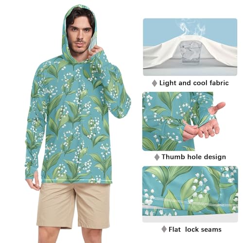 Cartoon Lily Turquoise Mens Sun Protection Hoodies Long Sleeve Sailing Shirts UPF 50+ Farmer Shirt S4