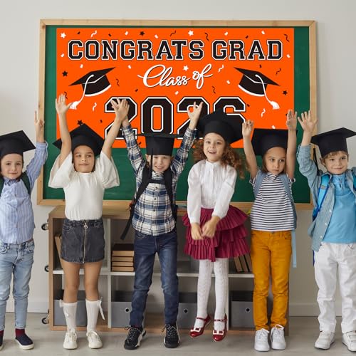 Image of 2026 Graduation Party Plastic Backdrop - 65 inch x 32.7 inch Congrats Grad Banner in Orange, Large Class of 2026 Decorations, Photography & Grad Party Supplies