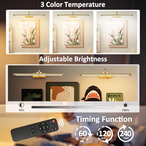 Image of Aipsun 23.6 inch Brass Picture Lights for Wall Rechargeable,12000mAh Battery Operated Art Light for Paintings,3CCT Dimmable, Rotatable Gallery Light for Pictures Display