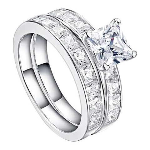 Sterling Silver 4mm Princess-Cut Bridal Ring Set Square Thick Channel Wedding Band Wide Engagement Ring (6) Cover
