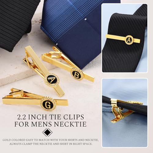 HAWSON 18K Gold Tie Clip and Cufflinks for Men, 2.2in Necktie Bar & Mens Cuff Links with Personalized Engraved A-Z Letter and Clear Crystal2
