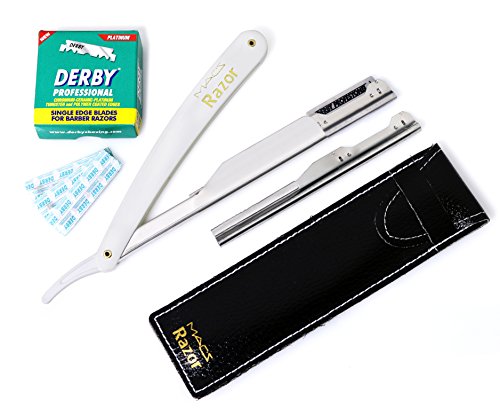 MACS PROFESSIONAL Barber Straight Edge Razor with Hi-Chromium Derby 100 Count Blades - Made of Platinum Stainless Steel -With Easy Blades Replacement Mechanism -Macs-093B1 (White Razor W100 B)