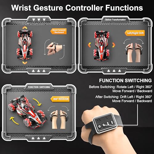 Image of VGRASSP 4WD Dual Control R1 Drift Stunt Mist Car Toy for Kids with Lights, Music - Rechargeable 360 Rotating RC Smoke Car with 2.4GHz Remote Control and Gesture Wrist Controller - Multicolor