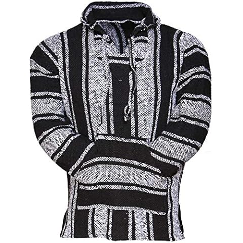 El Paso Designs Genuine Mexican Baja Hoodie Pullover Poncho- Brushed Inside for an Ultra Soft Feel- for Men & Women (Black and White, X-Large) Cover