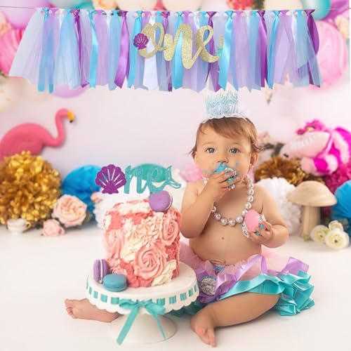 Image of Mermaid HighChair Banner 1st Birthday High Chair Banner Girl Mermaid High Chair Skirt Under The Sea Birthday Party for Girls Boys 1st Birth Party Baby Shower Decorations Highchair Garland