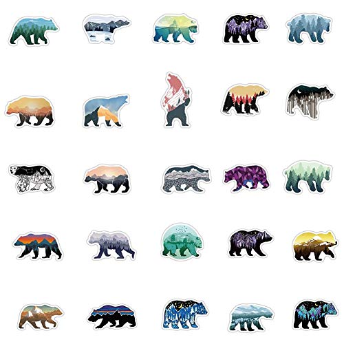 Grizzly Bear Stickers with Mountaintop Landscapes| 50 Pcs Bear Waterproof Vinyl Stickers for Water Bottles Bicycle Laptop Refrigerator Luggage Computer Mobile Phone Skateboard Bike Decals
