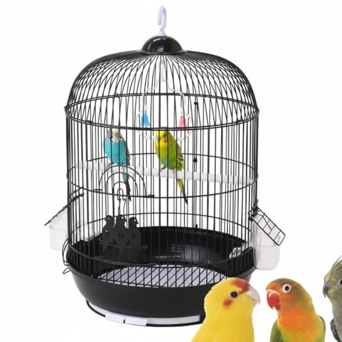 iimono117 鳥かご 丸型 (高さ52×幅35×奥行35cm) 手乗り インコ 小鳥 ケージ ゲージ 止まり木 ブランコ 引き出しトレイ エサ入れ付き 文鳥 セキセイインコ コザクラインコ ボタンインコ (ブラック)