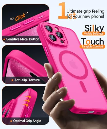 Image of CANSHN Magnetic Compatible with iPhone 15 Pro Case, Upgraded [Full Camera Protection] [Compatible with Magsafe] [Translucent Matte] Shockproof Protective Phone Case Cover 6.1 Inch - Hot Pink