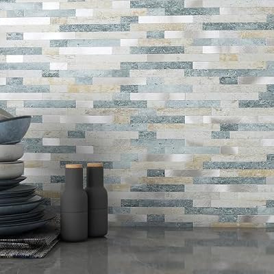 MOFIT 3D Stone Brick Backsplash Tile for Kitchen Peel and Stick Self-Adhesive Wall Tile,Marble Linear Mosaic Tiles Stickers Bathroom Wall Panels Fireplace Vanity (Blue Green Gray,10sheets)