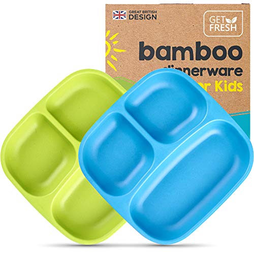 Image of GET FRESH Bamboo Kids Divided Plates Set – 2-Pack Reusable Sectioned Bamboo Childrens Plates for Kids Meals – Colorful Bamboo Toddler Divided Plates Set – Bamboo Kids Dinnerware Compartment Plates