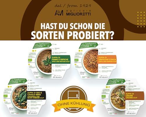 Agricola Miglioretti Bio-Kichererbsen-Suppe mit Schwarzkohl – In 3 Minuten Servierfertig – Vegan, Glutenfrei und Ohne Konservierungsstoffe für eine Gesunde und Köstliche Mahlzeit – 6 Portionen