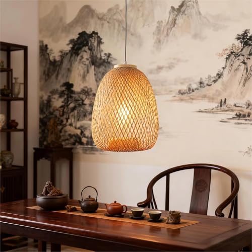 Image of Boho Woven Rattan Oval Basket Pendant Light | Decorative Wooden Oval Hanging Lamp for Dining, Cafe & Living Room Decor