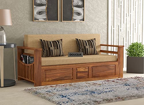 Image of Douceur Furnitures Solid Sheesham Wooden Sofa Cum Bed Queen Size with Storage for Living Room |Wooden Foldable 3 Seater Sofa Cum Bed with Headboard Folding Double Bed for Bedroom (Natural Teak Finish)
