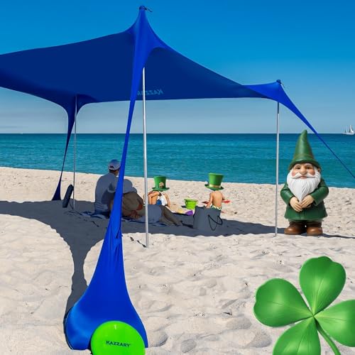 KAZZARY Beach Tent, UPF50+ 7.5x7 ft Sun Shade Canopy with Sandbags, 4 Stability Poles, Ground Pegs, Flying Disc Sand Shovel. Lightweight Sunshade Shelter, 7ft Tall for Camping Outdoor Trips and Sports