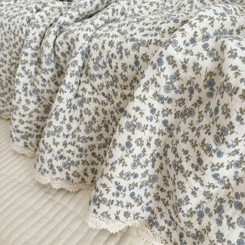 Image of BuLuTu Cotton Muslin Toddler Blanket Blue Floral Print Kids Quilts for Crib Cot Soft Lightweight Boys Girls Comforter for All Seasons, Machine Washable, 47x59 Inches