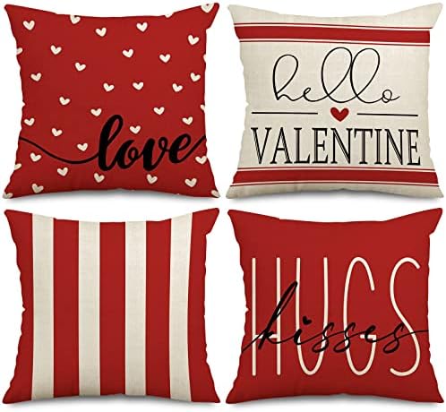 AnyDesign Valentine's Day Pillow Covers Red White Sweet Love Throw Pillow Case 18 x 18 Inch Hearts Stripes Love Cushion Cover for Home Couch Sofa Wedding Anniversary Decoration, Set of 4