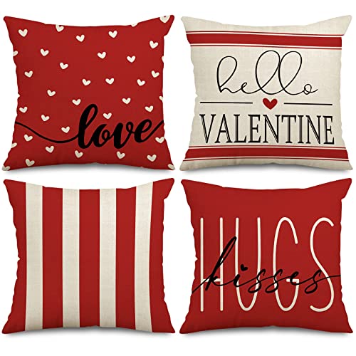 Anydesign Valentine's Day Pillow Covers Red White Sweet Love Throw Pillow Case 18 X 18 Inch Hearts Stripes Love Cushion Cover For Home Couch Sofa Wedding Anniversary Decoration, Set Of 4 #TOP2
