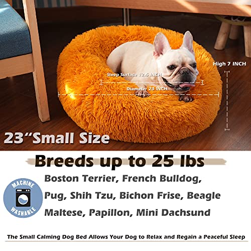 nononfish Faux Fur Donut Dog Bed for Small Medium Dogs Washable Calming Bed with Anti-Anxiety Fits up to 25 lbs Pets,23 Inches Orange