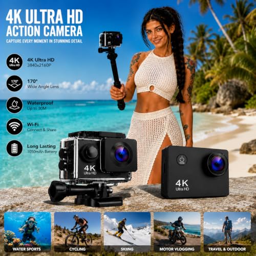 Image of 4K Action Camera 16MP with WiFi, 170 Wide Angle, Memory Card Support, Essential Accessories, for Vlogging and YouTube (Pure Black 1)