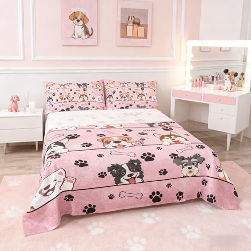 Linge de lit rose 4 pièces avec taies d'oreiller motif chien - 2