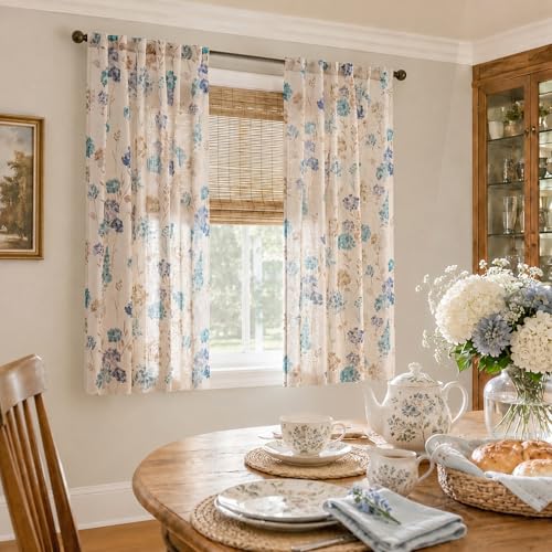 Image of jinchan Floral Linen Curtains 63 Inch Vintage Cottagecore Back Tab 2 Panels