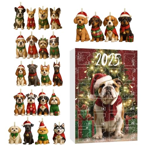Calendarios de Adviento para perros 2025, calendarios de cuenta regresiva de 24 días con planos 2D de acrílico reutilizable, de perros lindos de árbol de Navidad, calendario de