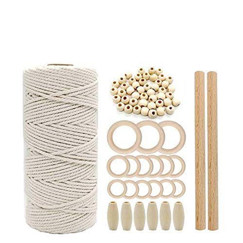 Image of 3mm 110Yards Natural Macrame Cotton Cord Thread With Wooden Beads, Rings, Sticks for Knitting Crafts, Wall Hanging, Plant Hangers, Handicrafts, Home Decoration, Handmade DIY