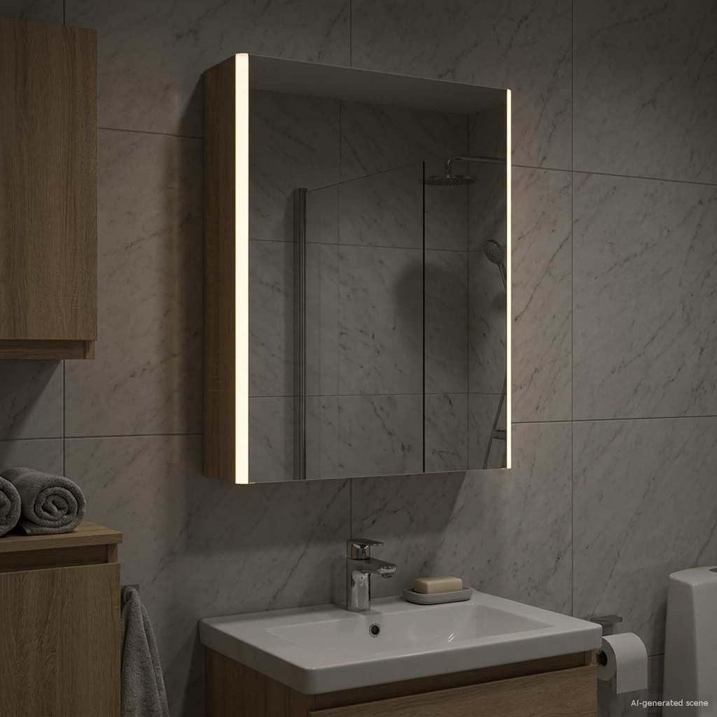 Szafka łazienkowa z lustrem dąb Sonoma z oświetleniem LED 53,5 x 15,5 x 70 cm, materiał drewnopochodny, montaż na ścianie, miejsce do przechowywania z półkami, meble łazienkowe do pralni i