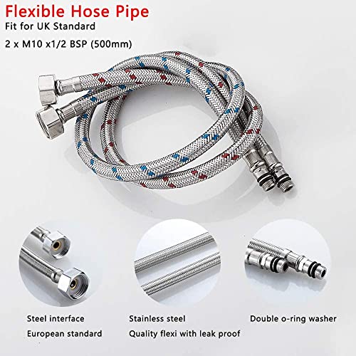 Flexible Hose Pipe Tails Kitchen Sink Bathroom Basin Monobloc Tab Mixer Connector Flexi Pipes Pair of M10X 1/2 BSP Long Life Stainless Steel Braided Flexible Hoses (60CM) - Image 7