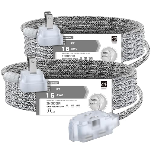 AWELTEC 2 Pack Extension Cord 6 Ft,3 Outlet Braided Cable,16 Gauge Wire SPT-2, Multiple Outlets Tamper Guard,Outlet Saver,3 Polarized Outlets with Safety Cap Protection for Home Office, Black/White