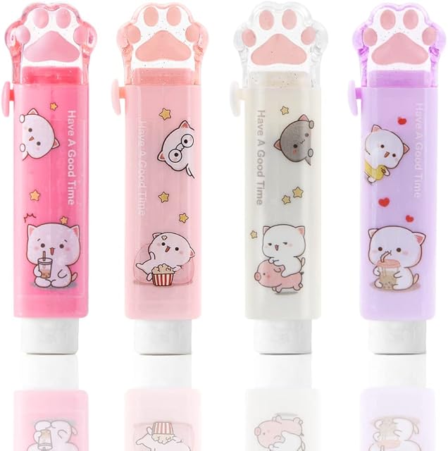 4 Pcs Cat Paw Eraser, Sliding Retractable Eraser, Cat Rubbers for Kids, Push-Pull Rubber Eraser for Students Writing Office School Stationery