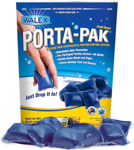 Image of Walex Porta-Pak Black Holding Tank Deodorizer & Portion Control System Drop-Ins - Rapid Breakdown of Waste & Paper, Odor Prevention, Cleans Tank & Sensors - Fresh Scent 10 Count (Pack of 12)