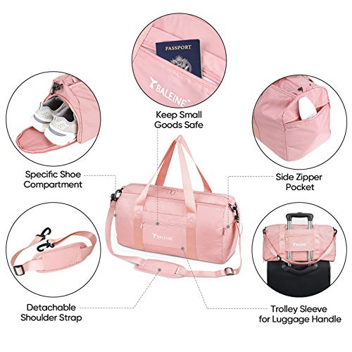 BALEINE Duffle Bag for Sports, Gym, Overnight and Weekend Getaway. Waterproof Dufflebag with Shoe and Wet Clothes Compartments. Lightweight Carryon Sized Gymbag, Weekender Travel Bag (Pink)