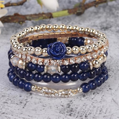 Rose Flower Charms Stackable Bracelets Multilayer Stretch Rhinestone Beaded Flower Wristlet Set Elegant Rose Bracelets Jewelry Party Gifts for Women2