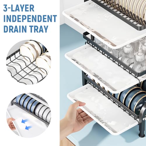 Image of HASTHIP BrandName 3-Tier Kitchen Dish Drying Rack with Utensils Organizer Stand and 3 Removable Drip Trays, Metal Wire Kitchen Counter Dish Rack with Cutlery Holder, Chop Board Holder & Hooks,