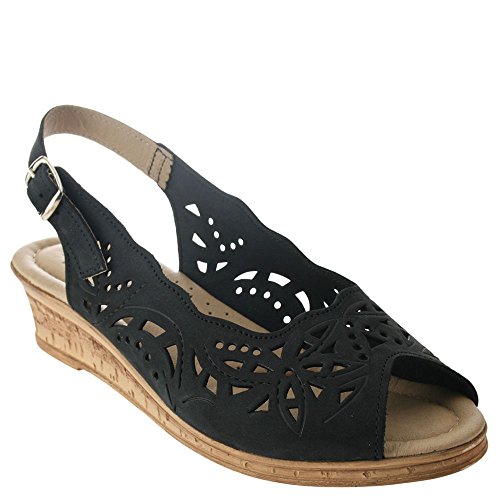 Spring Step Orella Slingback Sandals for Women - Leather Sandals with Adjustable Straps - Women's Sandals with Geometric Laser-Cut Detail - Black Nubuck EU 40 / US 9