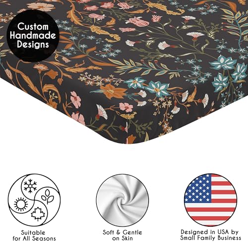 Image of Sweet Jojo Designs Baby Fitted Mini Crib Sheet (Black Wildflower Vintage Floral) for Girls, Newborn /Infant Nursery, Play Yards, Portable Cribs (Boho Botanical, Bohemian Farmhouse, Cottagecore, Orange)