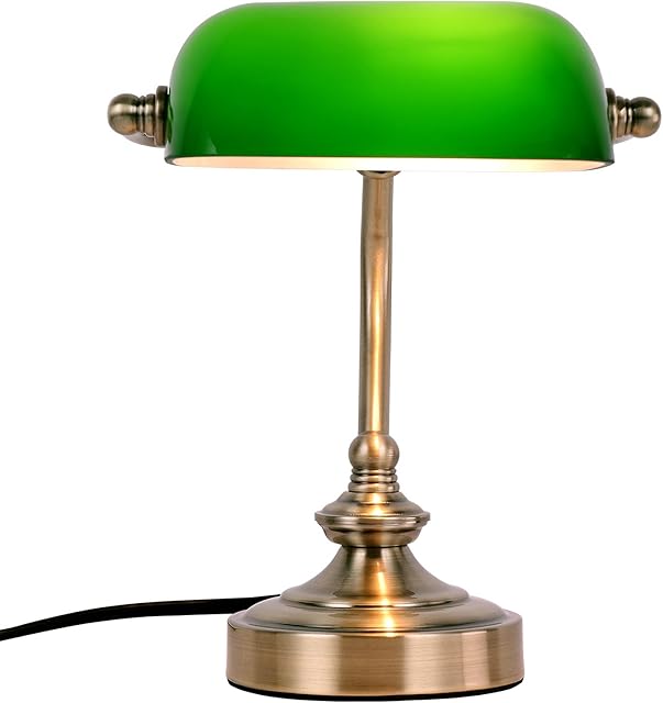 FIRVRE Green Glass Bankers Desk Lamp Reading Classic Retro LED Table Lamp Vintage Brass Pull Chain Switch Nightstand Bedside Light for Home Office Bedroom Study (Green - Mini)